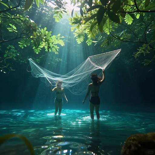 Photograph of two children in a sunlit, misty jungle pool, holding a large fishing net above the water, surrounded by lush, green foliage
