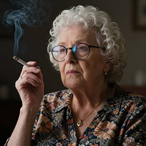 Photograph of an elderly white woman with curly white hair, glasses, floral shirt, and gold necklace, smoking a cigarette, with blue smoke curling