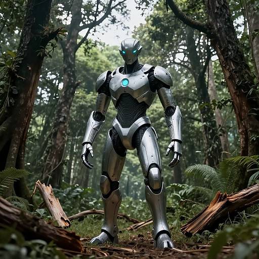 Photorealistic CGI of a futuristic, silver robot with glowing blue eyes standing in a dense, sunlit forest with fallen logs.
