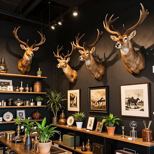 Photograph of a chic, black-walled room with five mounted deer heads, wooden shelves, potted plants, framed art, and glass jars.