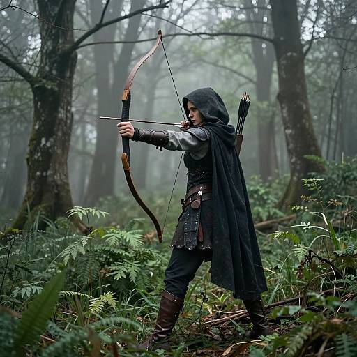 Photograph of a hooded archer in dark medieval attire, standing in a misty, dense forest, drawing a wooden bow with arrows in qu