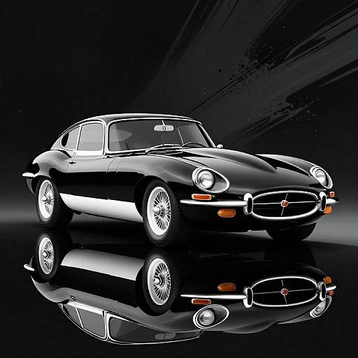 Digital illustration of a sleek, black vintage sports car with white accents, glowing headlights, and chrome details, reflected on a glossy surface against a black,