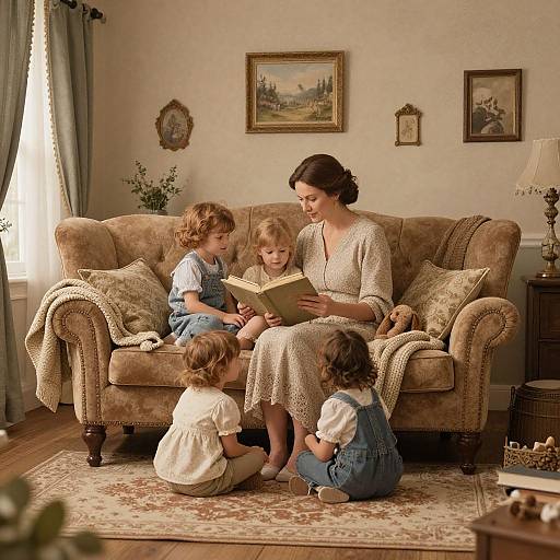 Photograph of a woman with dark hair, in a cream dress, reading to three young children in blue denim overalls on a beige sofa in a