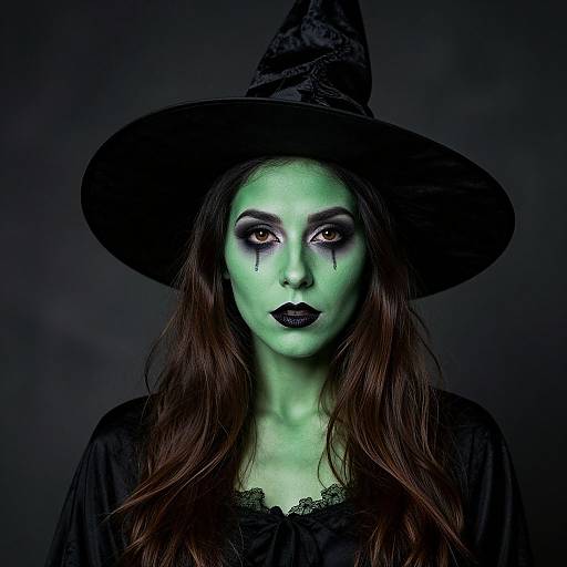 Photograph of a woman with green face paint, black witch hat, and dark makeup, wearing a black lace-trimmed dress, against a dark