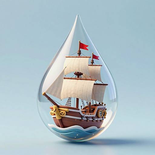 Photorealistic digital image of a detailed, vintage sailing ship inside a transparent water droplet, with blue waves and white sails, set against a light