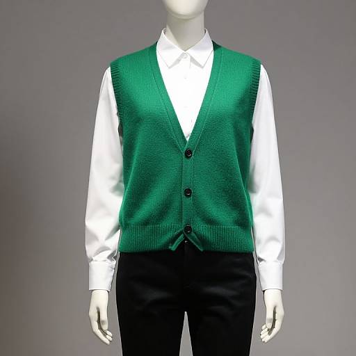 Photograph of a faceless mannequin wearing a green knitted vest over a white dress shirt and black pants against a gray background.