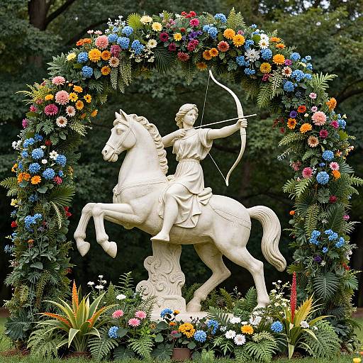Photograph of a white statue of an archer on a rearing horse, surrounded by a colorful floral wreath, set against a dark green forest