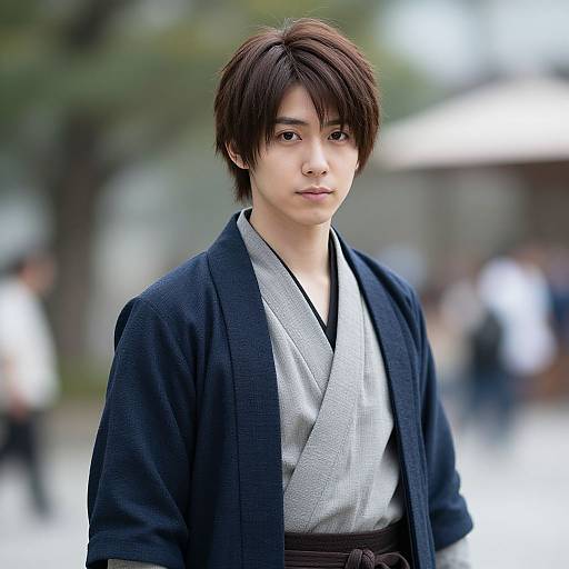 Photograph of a young Asian man with short, dark brown hair, wearing a black kimono over a light grey yukata, standing outdoors with