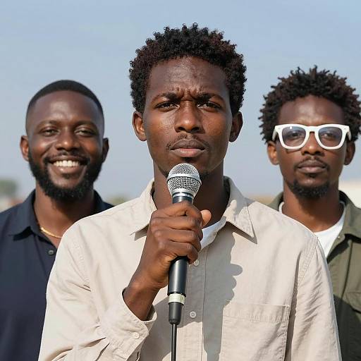Three Black Men with Microphone Outdoors