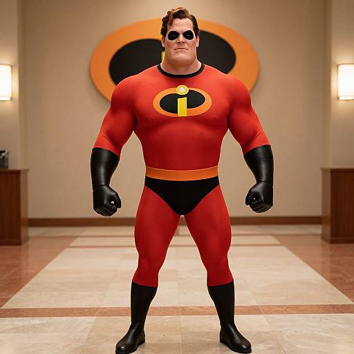 Photorealistic CGI of a muscular man in a red Mr. Incredible suit with black gloves, boots, and sunglasses, standing in front of a large