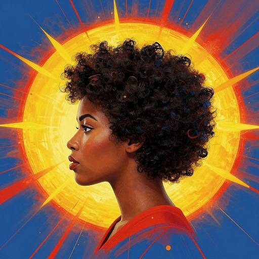 Photograph of a dark-skinned woman with curly black hair, profile view, against a vibrant yellow and red sunburst background with blue rays.