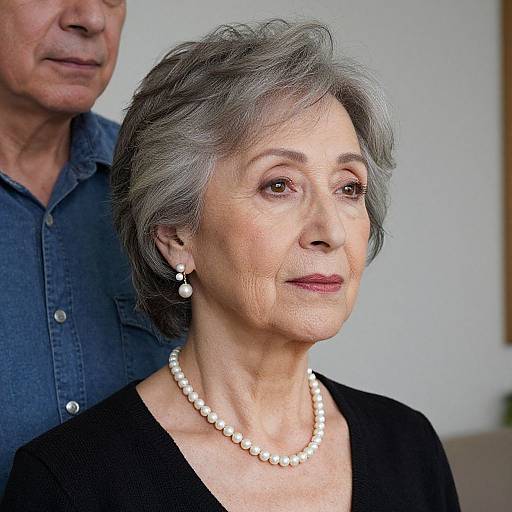 Photograph of an elderly woman with short gray hair, wearing a black top, white pearl necklace, and earrings, with a man in a blue shirt