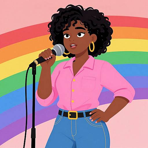 Digital illustration of a dark-skinned woman with curly hair, wearing a pink shirt, blue jeans, gold earrings, and holding a microphone, standing in