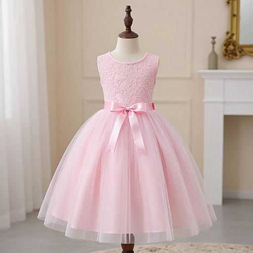 Photograph of a pink lace bodice dress with a voluminous tulle skirt, tied with a satin ribbon, displayed on a mannequin in