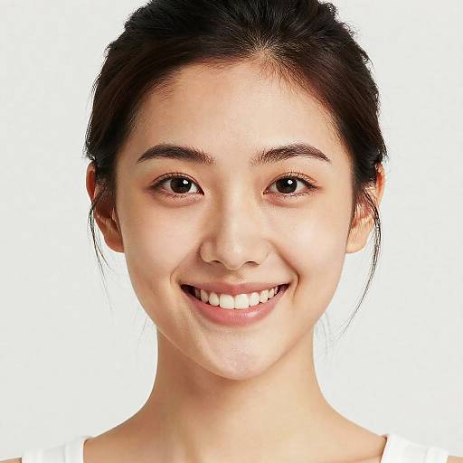 Photograph of a smiling young Asian woman with fair skin, dark hair in a simple bun, and natural makeup against a white background.