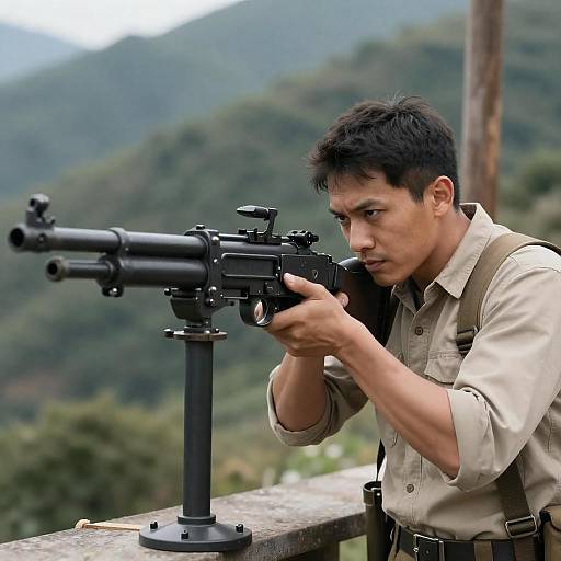 Man Aiming Machine Gun in Mountains