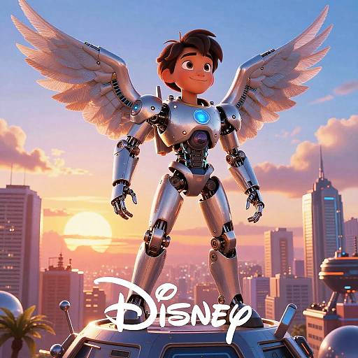 CGI image of a robotic boy with angel wings standing on a car, set against a sunset city skyline, Disney logo at bottom.
