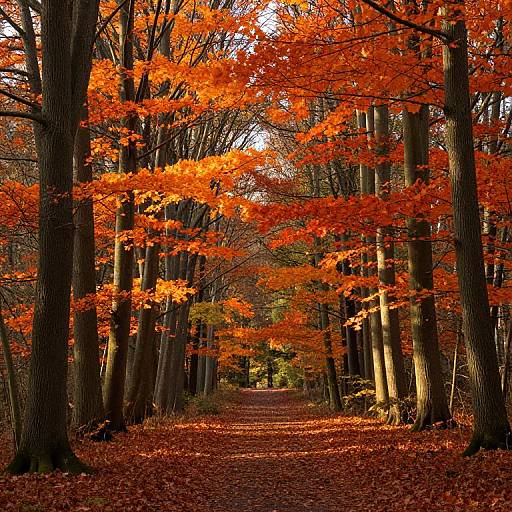 Photograph of a forest path lined with tall trees, vibrant orange autumn leaves, and a carpet of fallen leaves in bright sunlight.