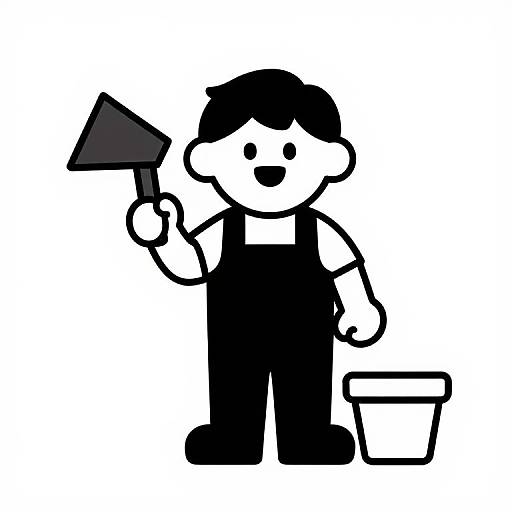 Black-and-white cartoon of a smiling, simple, stick-figure construction worker holding a shovel and a bucket. Bold outlines, minimalist design.