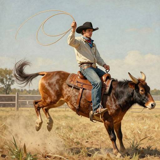 Photograph of a young Caucasian man in cowboy attire, black hat, and leather gear, riding a brown donkey, swinging a lasso in a