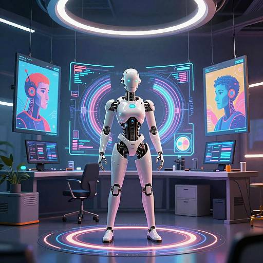 Photorealistic CGI of a white, futuristic humanoid robot standing on a neon-lit circular platform in a high-tech control room with colorful holographic screens
