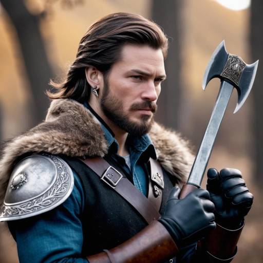 Warrior Boy with Axe in Nature