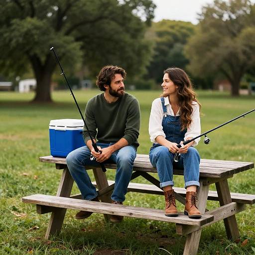 Couple Sitting on Picnic Table with Fishing Rods