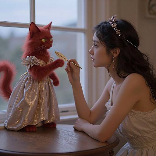 Photograph of a young woman with dark hair and a tiara, feeding a red, fluffy cat dressed in a sparkly, golden gown, by