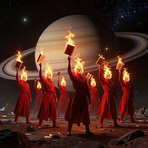 Digital artwork of red-robed figures with flaming heads holding books, standing on a rocky planet against Saturn and stars.