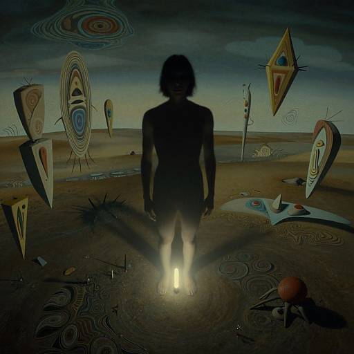 Silhouetted figure with glowing feet stands in surreal, abstract desert landscape with floating, geometric eye symbols and dark, swirling patterns.