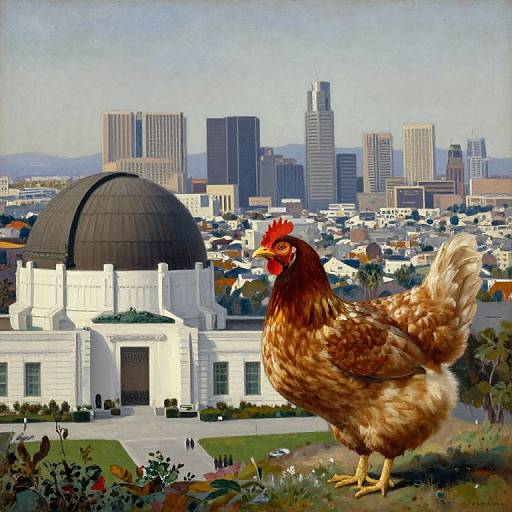 Photorealistic painting of a brown chicken standing in a grassy foreground, with a white-domed building and modern city skyline in the background. Bright