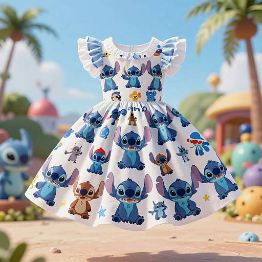 Digital art of a white, frilled dress adorned with blue Stitch from Lilo & Stitch prints, set against a sunny, tropical background.