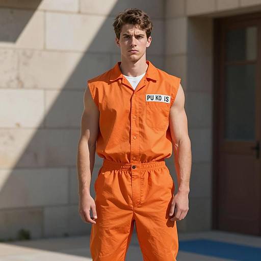 Muscular Boy in Orange Jumpsuit Outdoors
