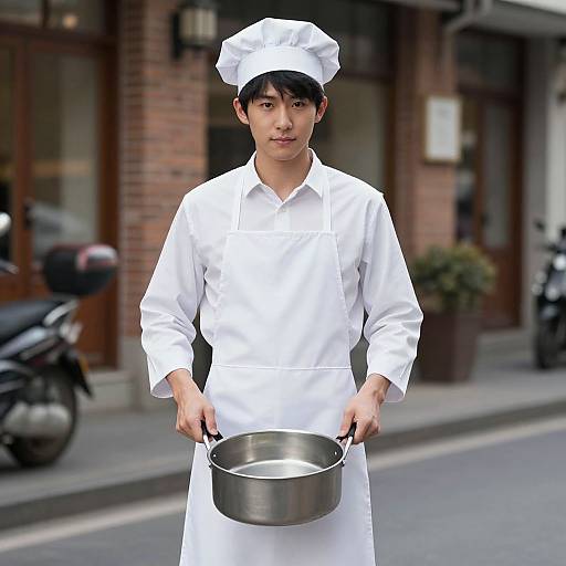 Photograph of an Asian male chef in a white uniform and hat, holding a metal pot, standing on a city street.