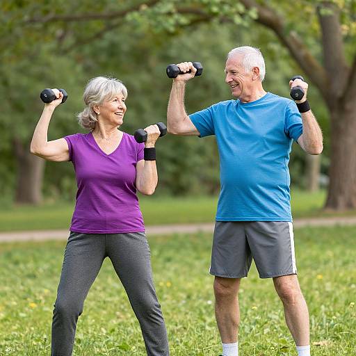 Photograph of a smiling elderly couple in a park, both holding black dumbbells, wearing purple and blue shirts, gray pants, and wristbands