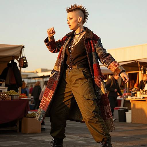 Photograph of a punk-styled person with spiky hair, wearing a patterned coat, black shirt, and baggy pants, walking confidently at
