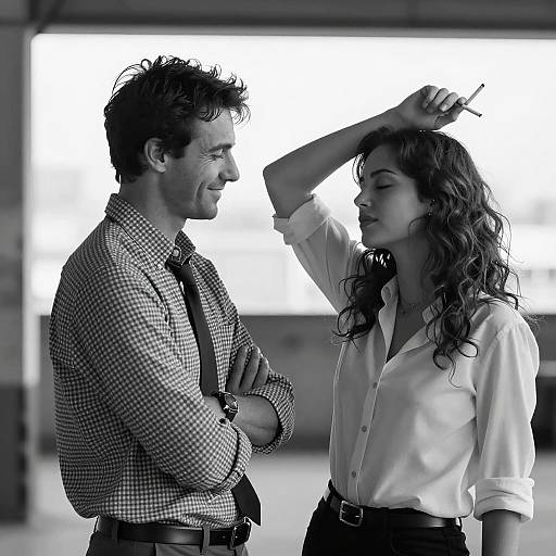 Black and White Portrait of Man and Woman Smoking Indoors