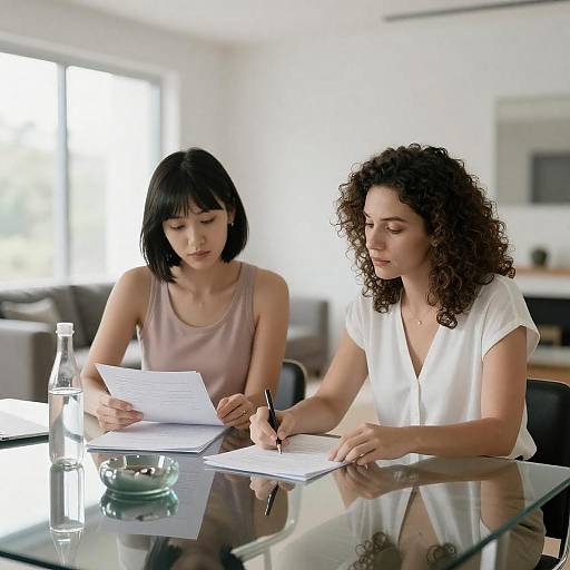 Two Women Working on Paperwork at Glass Table