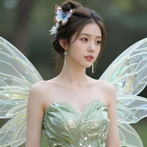 Photograph of an Asian woman with fair skin, wearing a green, strapless, metallic dress, and translucent fairy wings, adorned with a blue butterfly