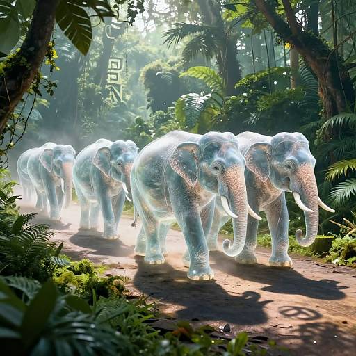 Digital artwork of glowing, translucent elephants walking through a lush, sunlit jungle with dense foliage and dappled sunlight.