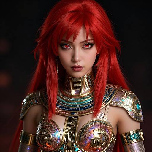 Digital art of a fierce woman with vibrant red hair, red eyes, and intricate gold and blue armor against a dark background.
