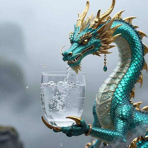 Digital artwork of a blue and gold dragon with intricate scales, holding a glass of water, drinking from it, with bubbles rising. Background is blurred,