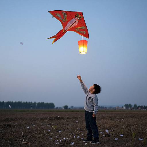 Photograph of a young boy with dark hair, wearing a gray sweater, flying a red kite with an orange lantern in a field at dusk.