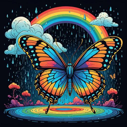 Whimsical Butterfly in Rainbow Clouds