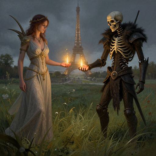 Digital artwork: Fair-skinned woman in white dress and crown, holding flame to skeleton warrior with fur and armor, in front of Eiffel Tower