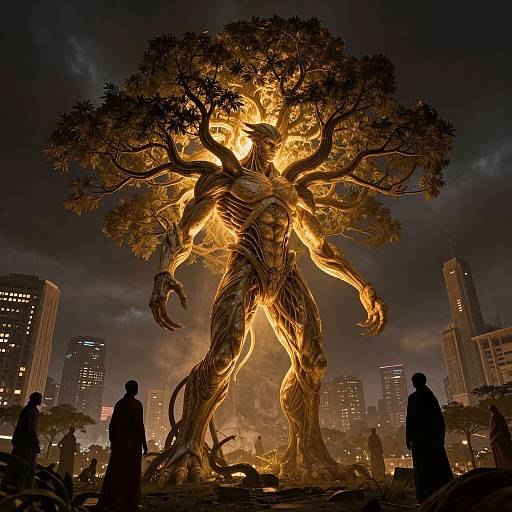 Photograph of a giant, fiery, tree-like creature with muscular, humanoid features, standing in a cityscape at night, surrounded by silhouet