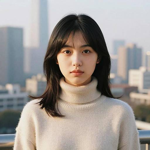 Photograph of an East Asian woman with straight black hair, wearing a white turtleneck sweater, standing against a blurred urban skyline background. She has