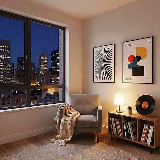 Modern living room photo: grey armchair with white blanket, city night view, abstract art, bookshelf, lamp, vinyl record, wooden floor.