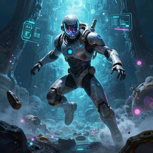 Digital sci-fi artwork of a glowing blue-armored, futuristic soldier mid-leap in a neon-lit, tech-filled, rubble-strewn alien