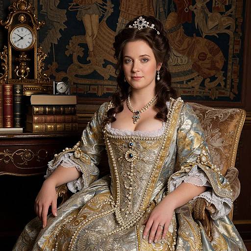 Photorealistic portrait of a regal woman with dark hair, wearing an ornate, gold-embroidered dress, tiara, and necklace